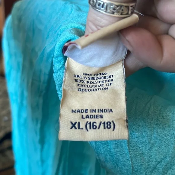 Faded Glory Turquoise Crinkled Crepe 3/4 Sleeve Copper Decor Shirt - Picture 6 of 7